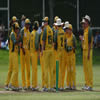 Australian players gather to celebrate another New Zealand wicket