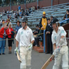 Jamie How and Hamish Marshall walking out onto the field of play for the start of the New Zealand innings