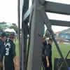 New Zealand team taking to the field with Craig McMillan and Hamish Marshall looking in the direction of the camera