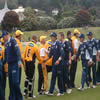 Wellington and Auckland Players shaking hands after the game with Lou Vincent, Paul Hitchcock, Reece Young and Richard Jones in shot